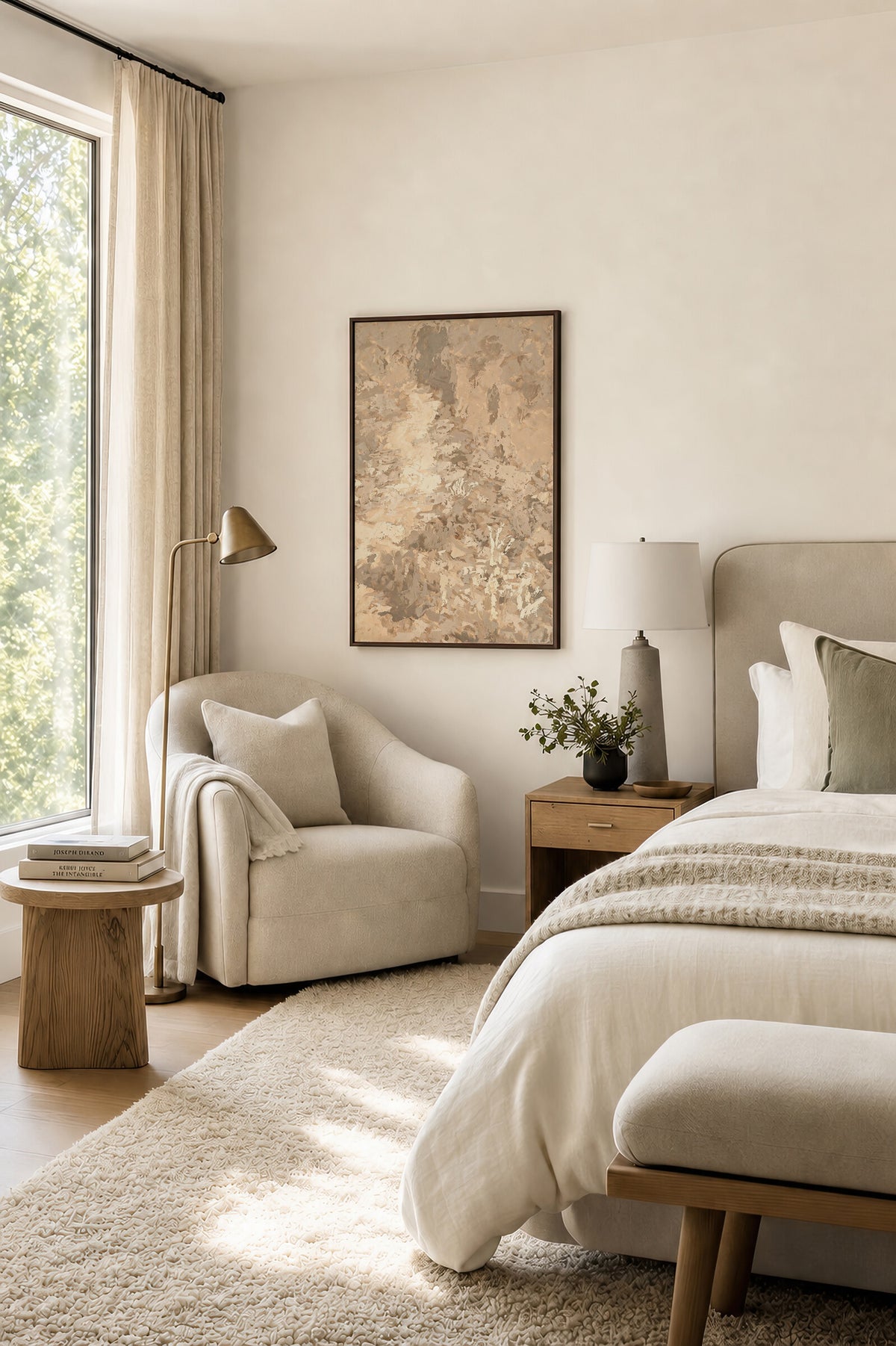 Soft Beige Foliage framed wall art in a bright bedroom beside the bed