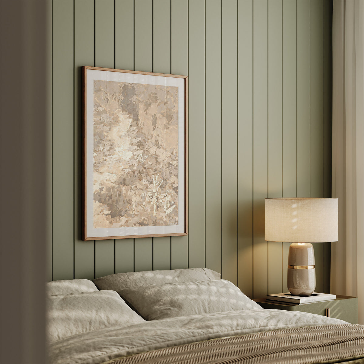 Soft Beige Foliage framed wall art in a sage shiplap bedroom