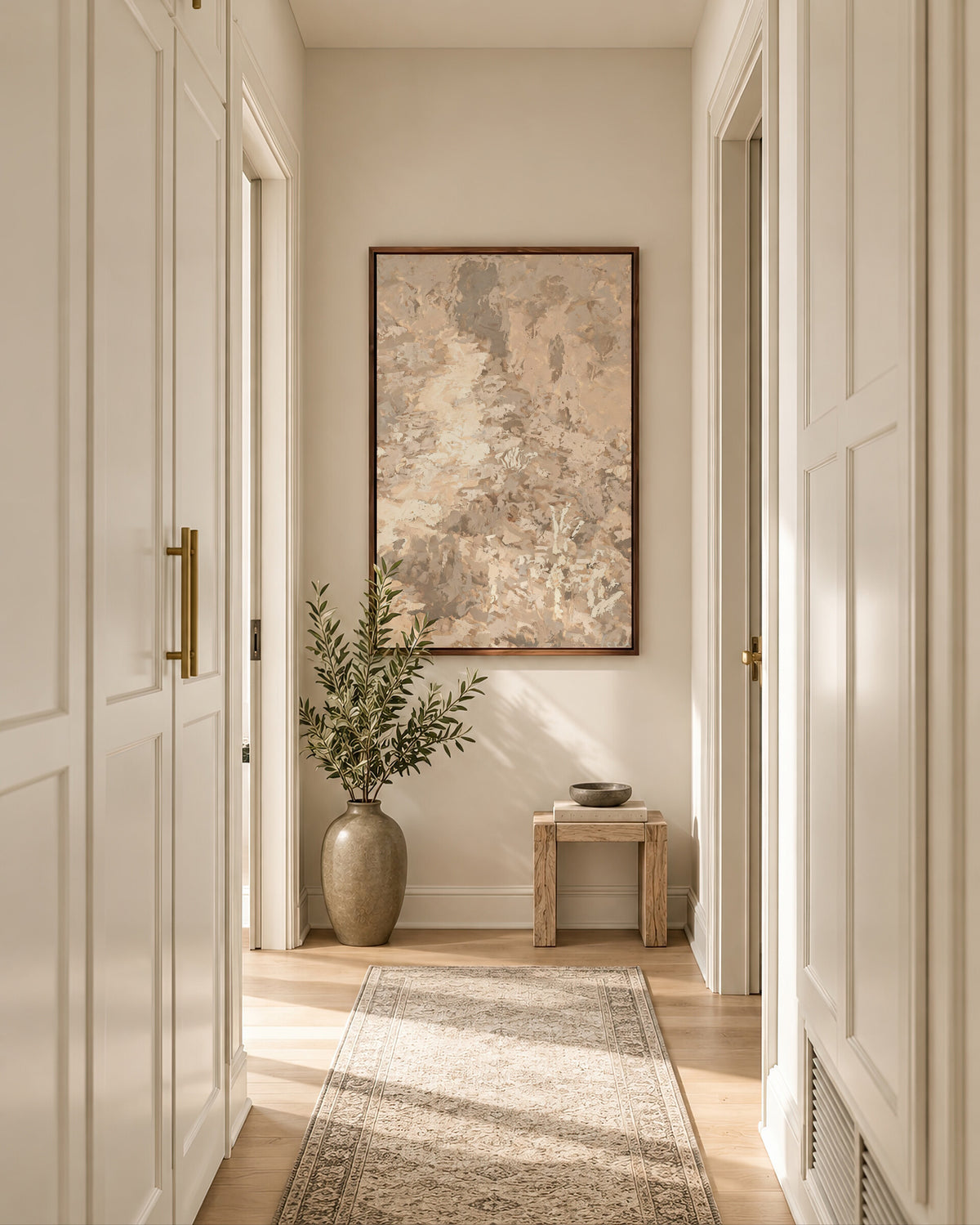 Soft Beige Foliage framed wall art in a soft neutral hallway