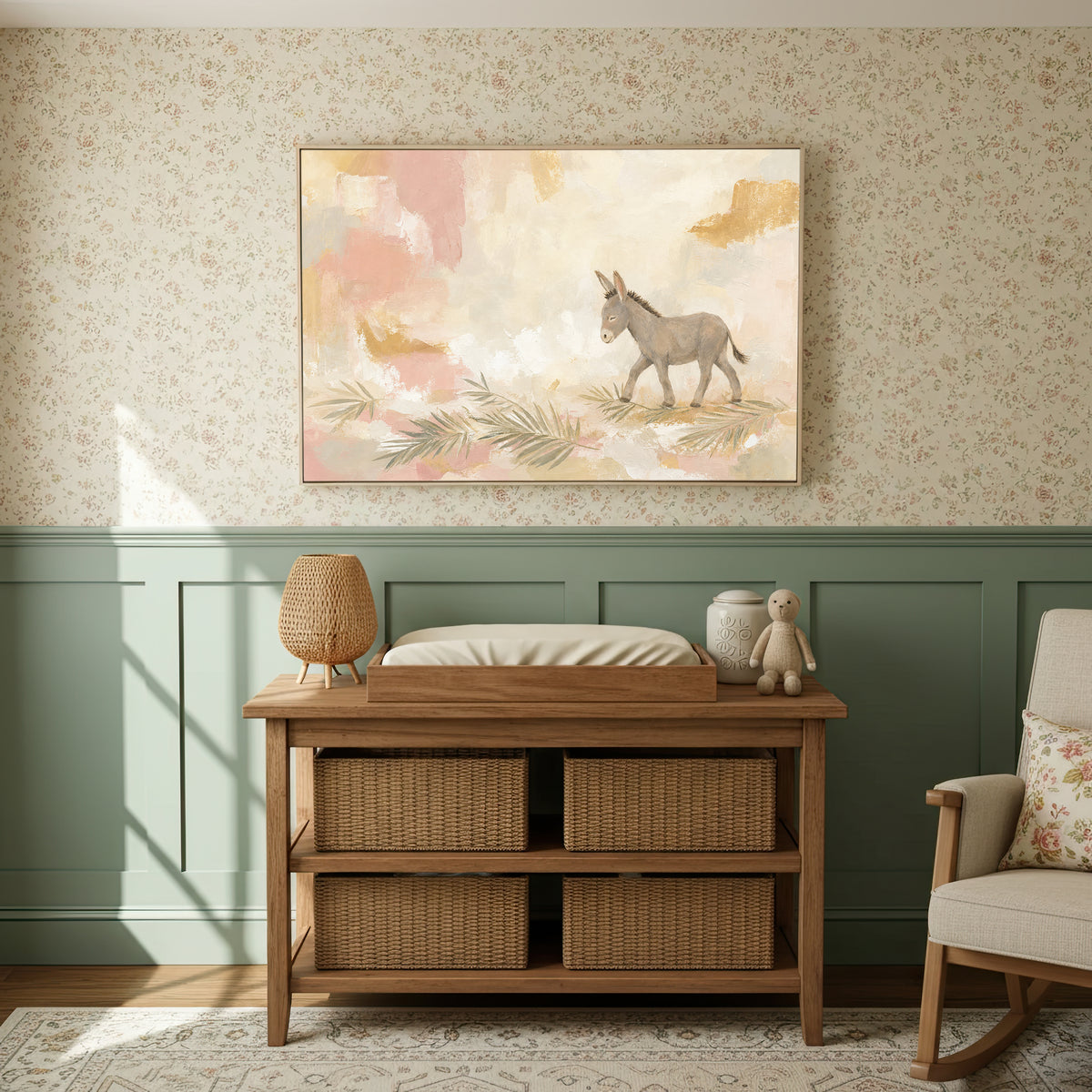 Palm Sunday Donkey wall art in a sage and floral nursery