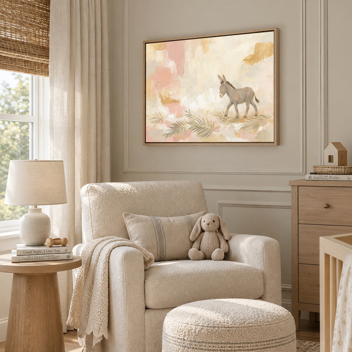 Palm Sunday Donkey wall art in a soft neutral nursery