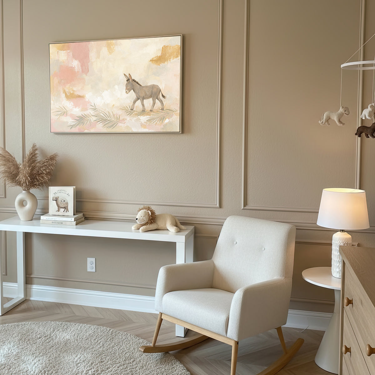 Palm Sunday Donkey wall art in a taupe nursery with a rocking chair