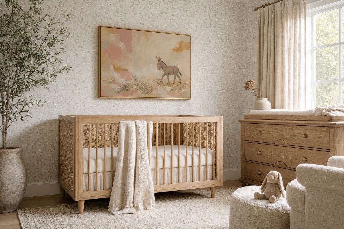 Palm Sunday Donkey wall art in a soft girl's nursery