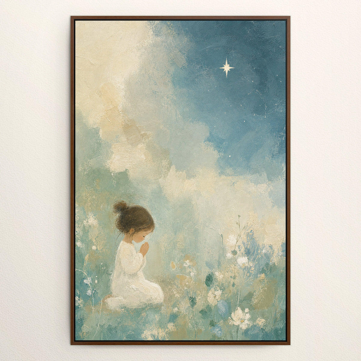 Praying Girl with Blue Florals wall art