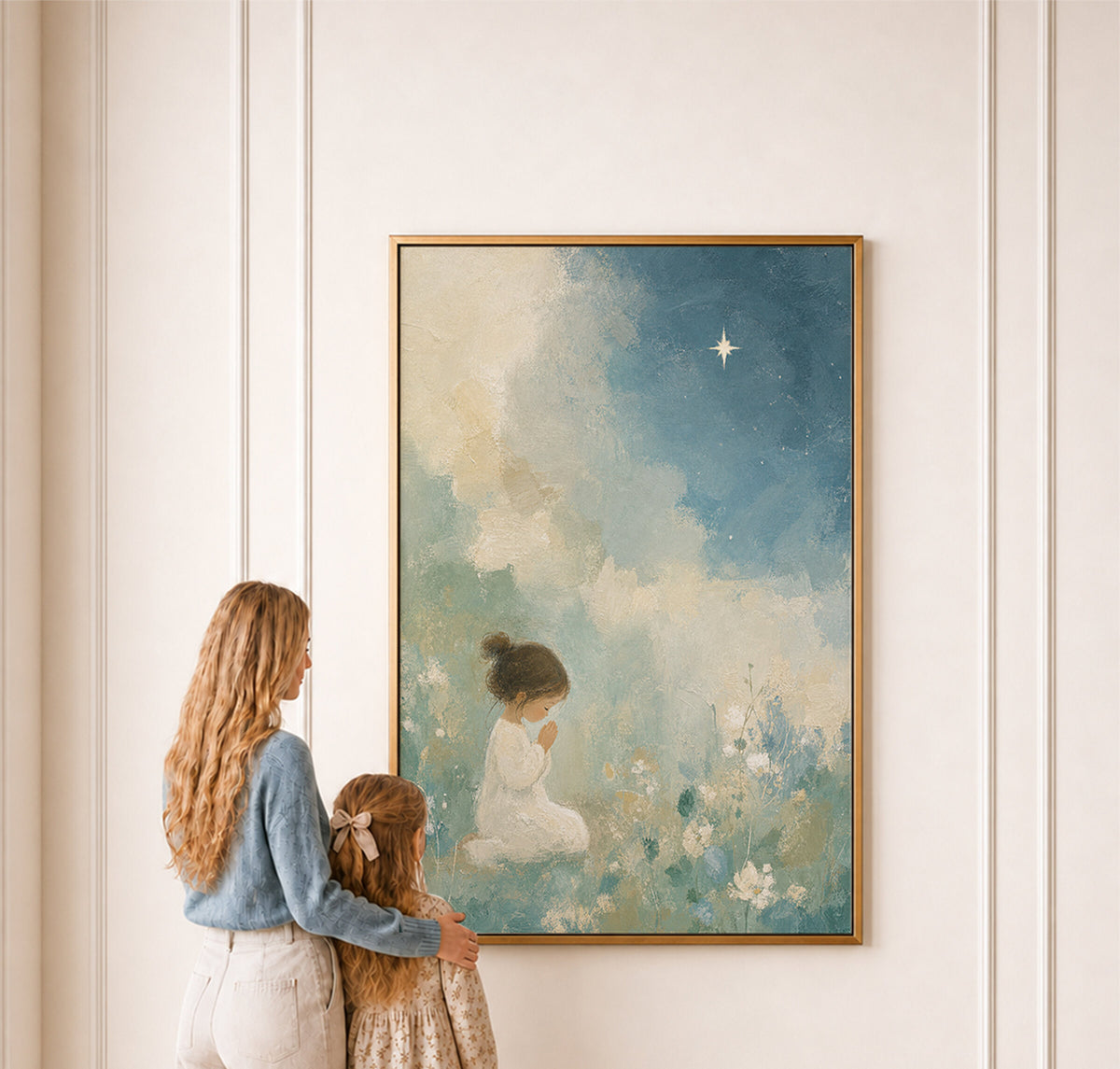 Praying Girl with Blue Florals wall art