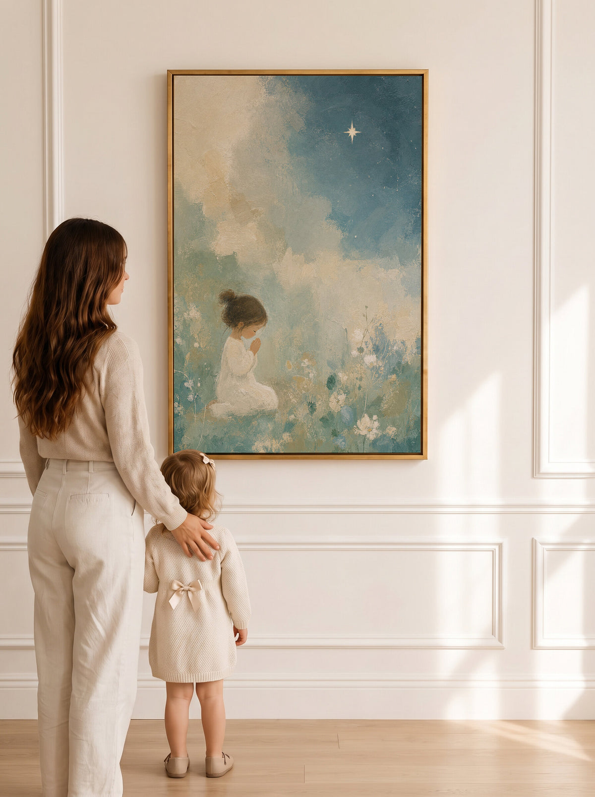 Praying Girl with Blue Florals wall art