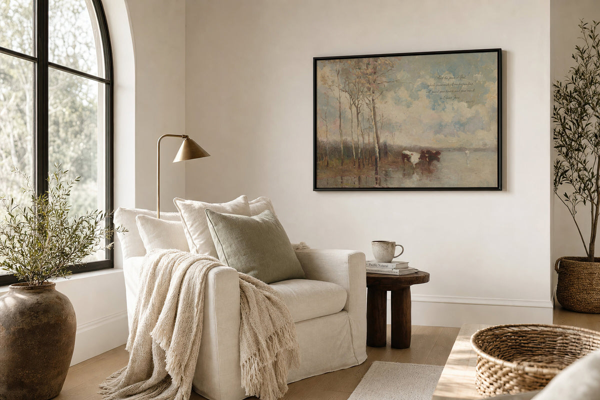 Cows in Water by the Birches wall art