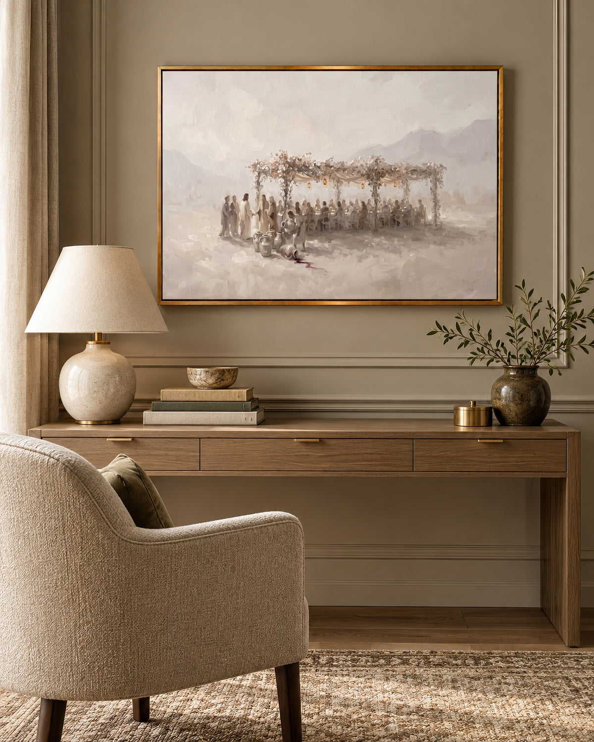 Water to Wine at Cana framed wall art above a desk in a cozy study nook