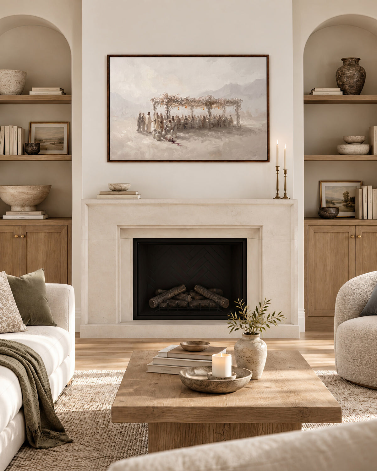 Water to Wine at Cana framed wall art above a fireplace in a living room