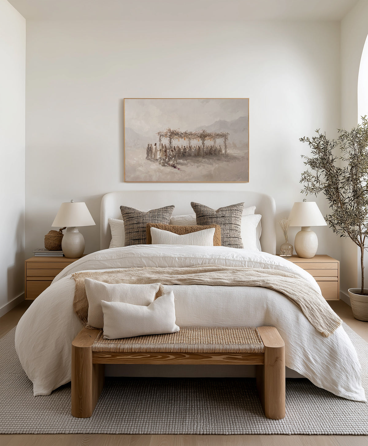 Water to Wine at Cana framed wall art above the bed in a bright bedroom