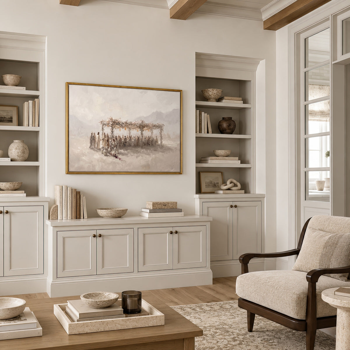 Water to Wine at Cana framed wall art in a neutral living room with built-ins