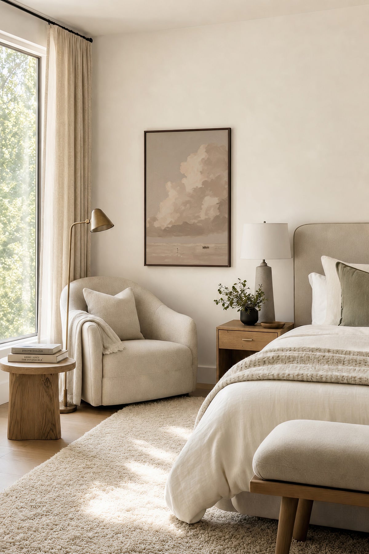 One Cloud Over the Water framed wall art in a bright bedroom beside the bed