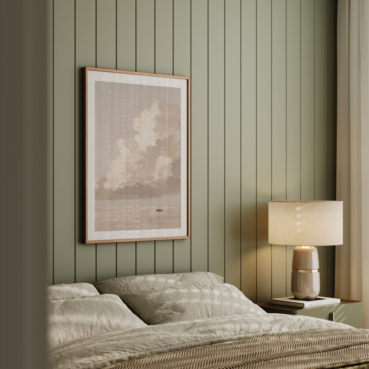 One Cloud Over the Water framed wall art in a sage shiplap bedroom
