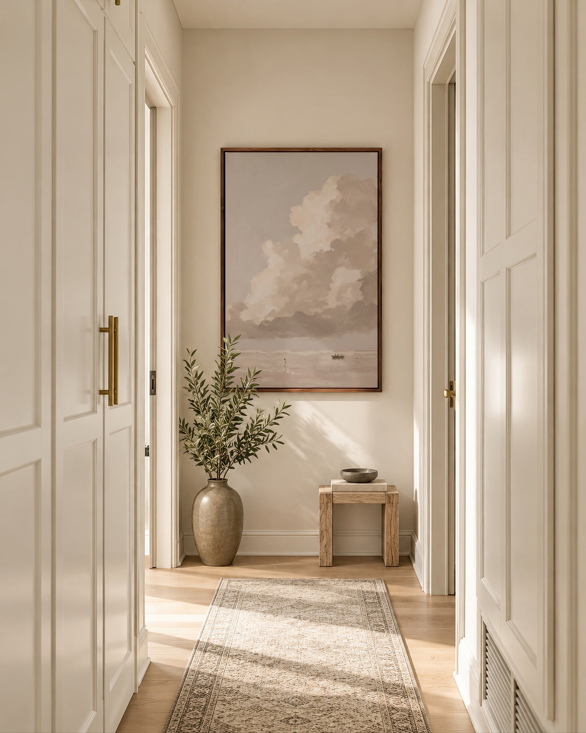 One Cloud Over the Water framed wall art in a soft neutral hallway