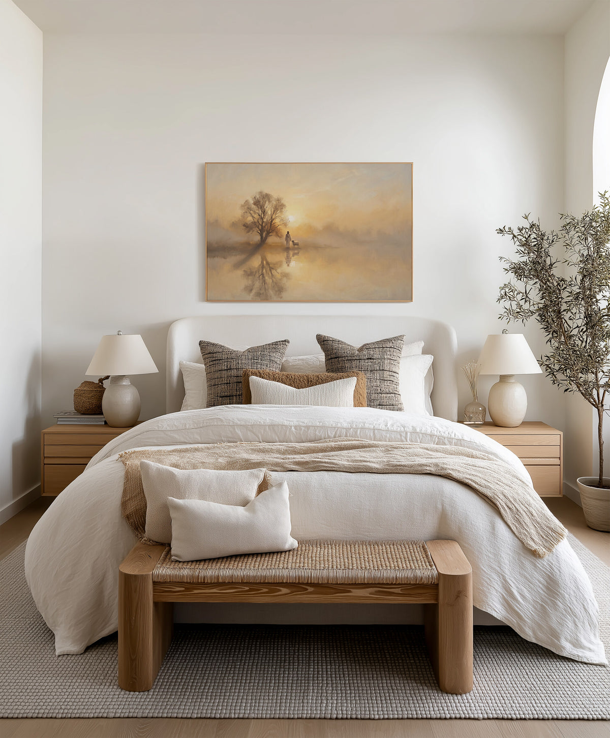 The Shepherd and Lamb at Dusk framed wall art above the bed in a bright bedroom