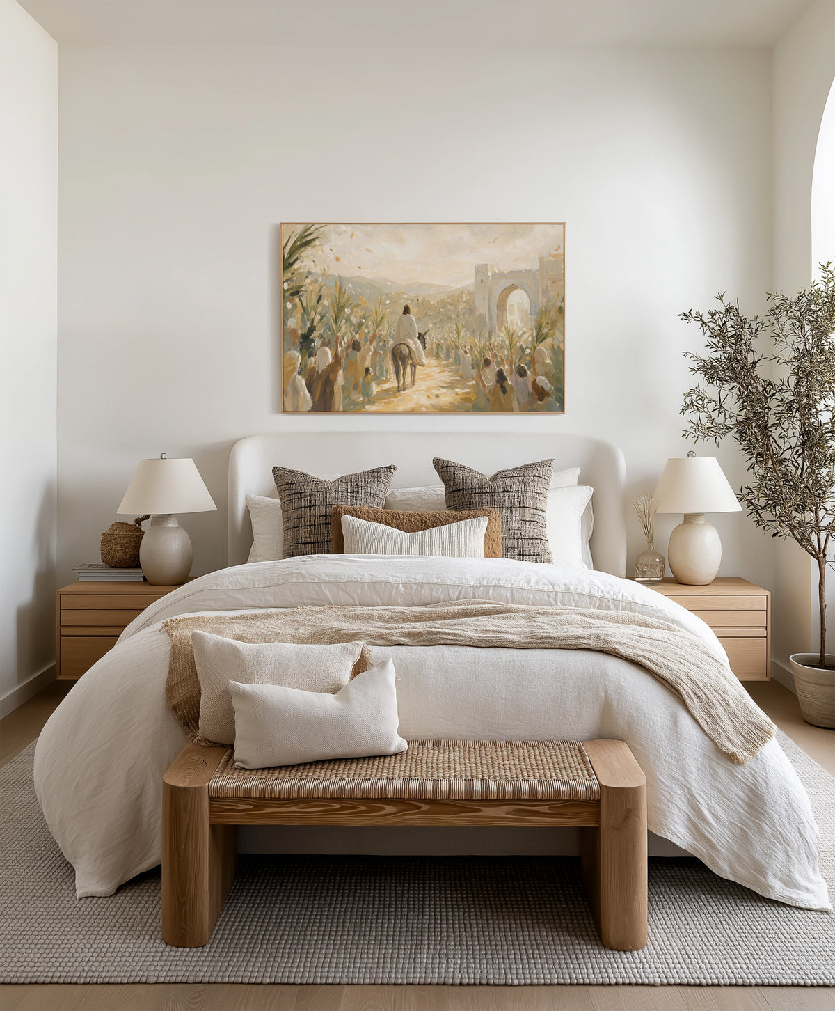 Hosanna at the City Gate framed wall art above the bed in a bright bedroom