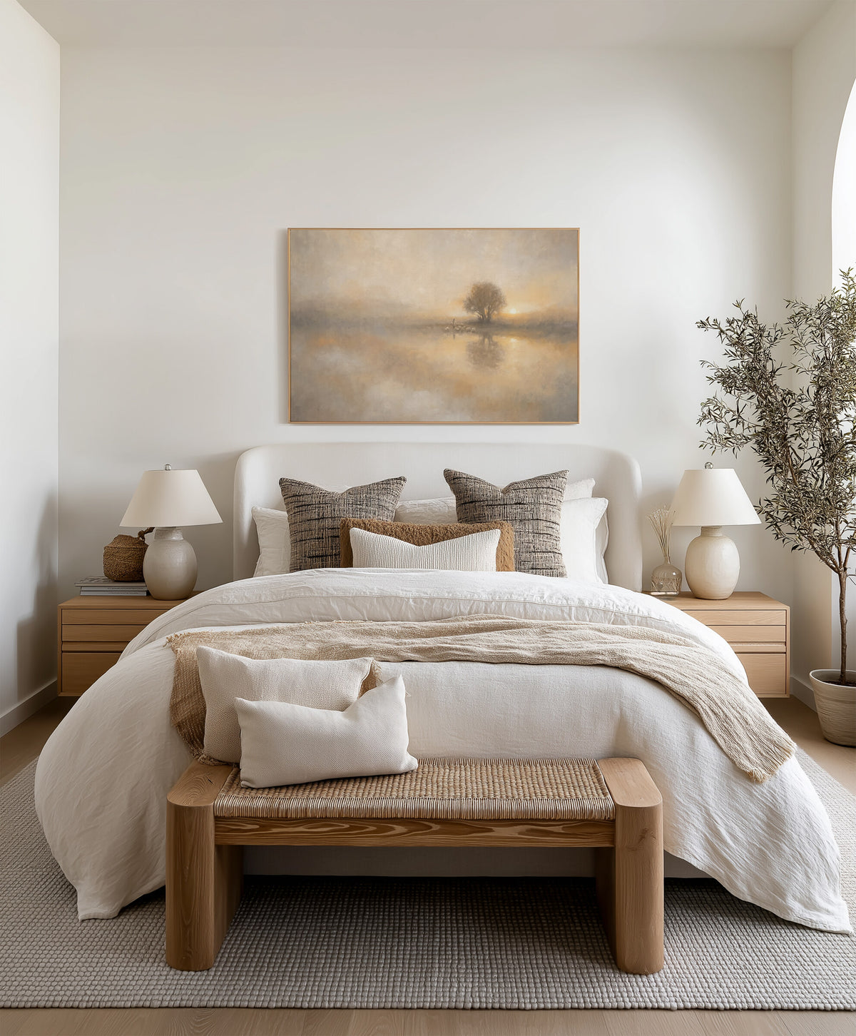 Lone Tree in Dusk Mist framed wall art above the bed in a bright bedroom