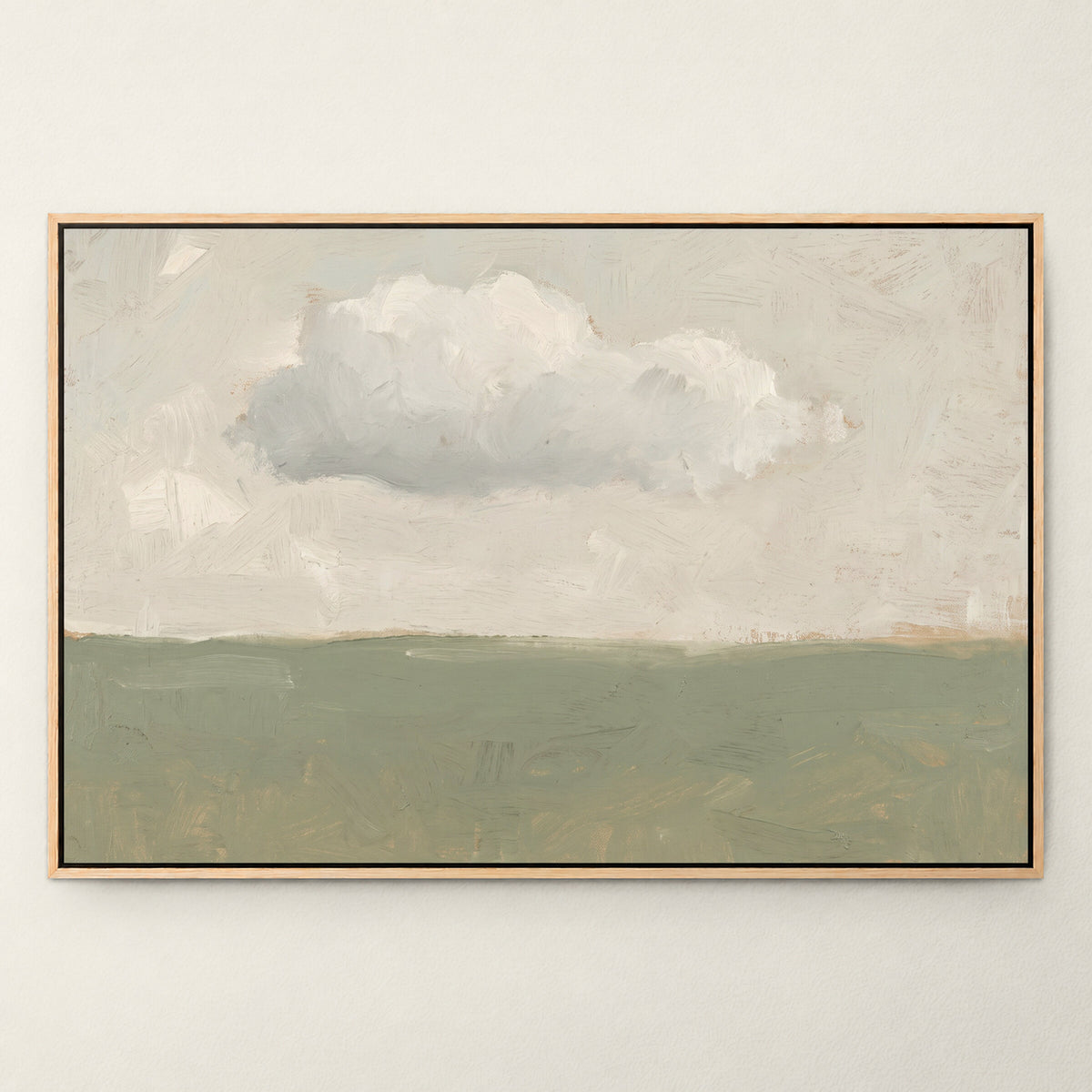 One Cloud Over Sage Field wall art in a Natural Oak floating frame