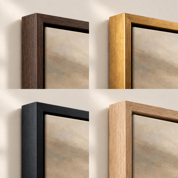Holding the Lamb in Golden Mist frame finish options: Brown, Gold, Black and Natural