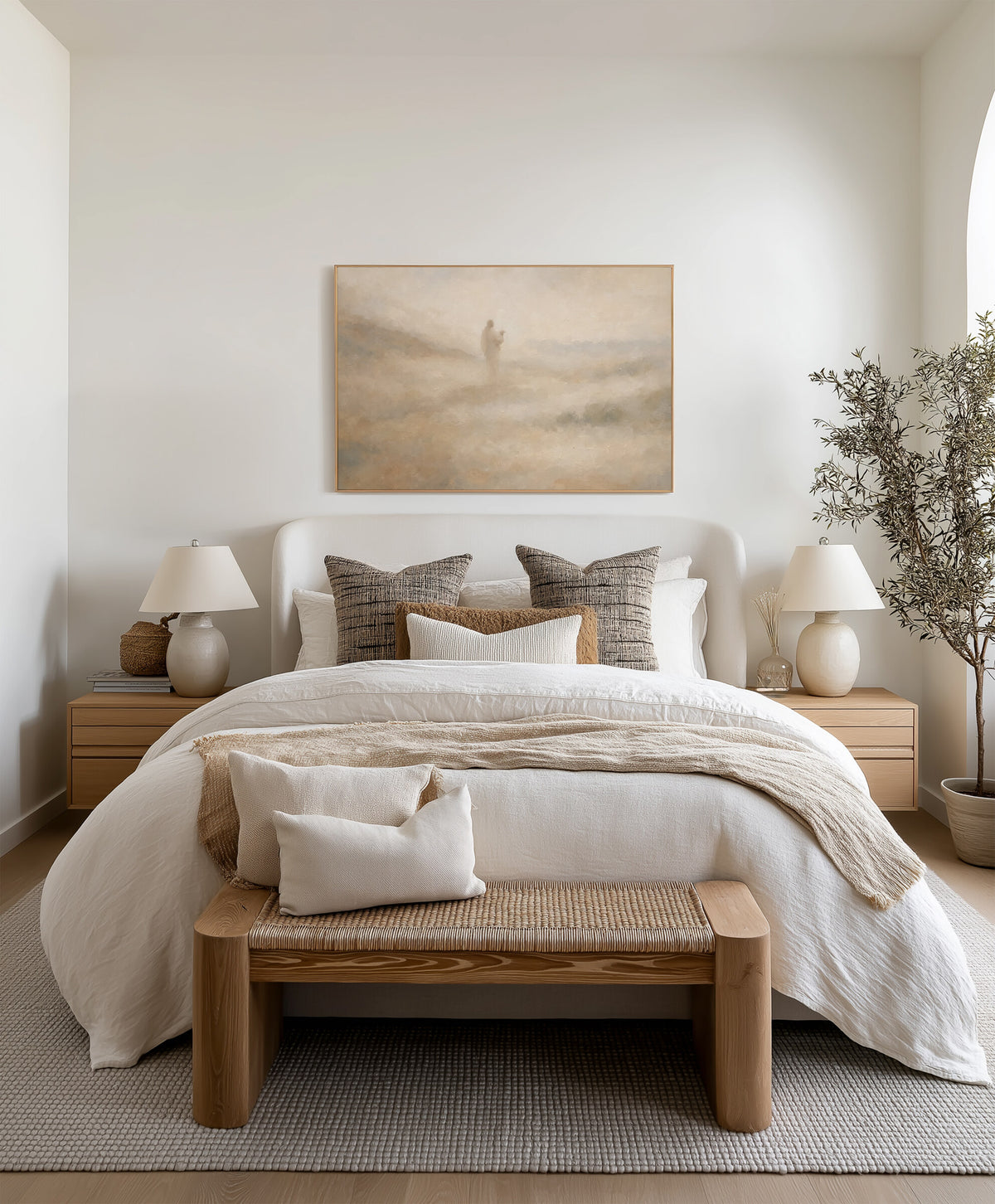 Holding the Lamb in Golden Mist framed wall art above the bed in a bright bedroom