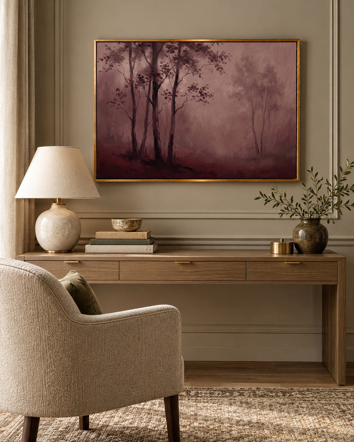 Burgundy Forest in Mist framed wall art above a desk in a cozy study nook