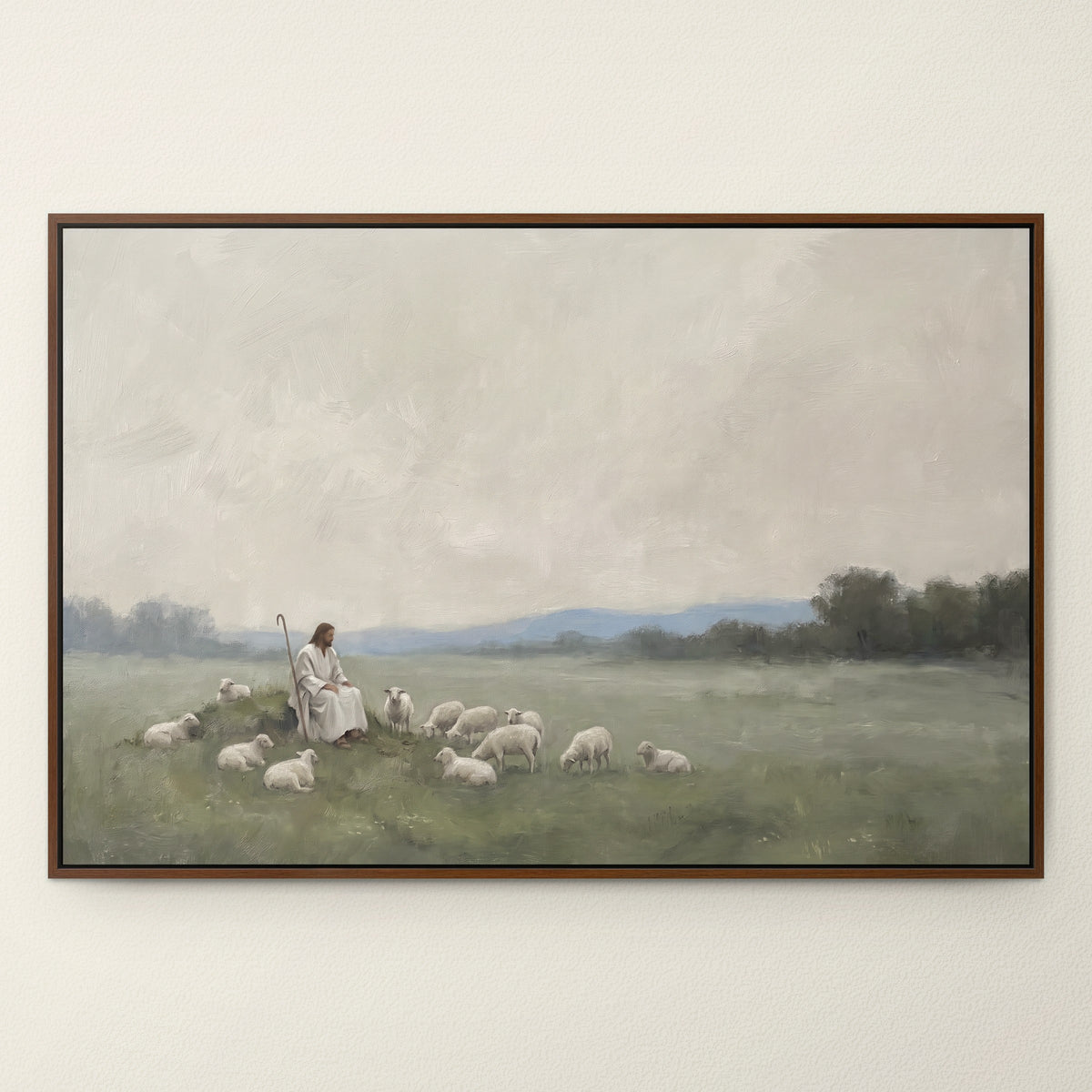 Resting with the Flock wall art in a Brown floating frame