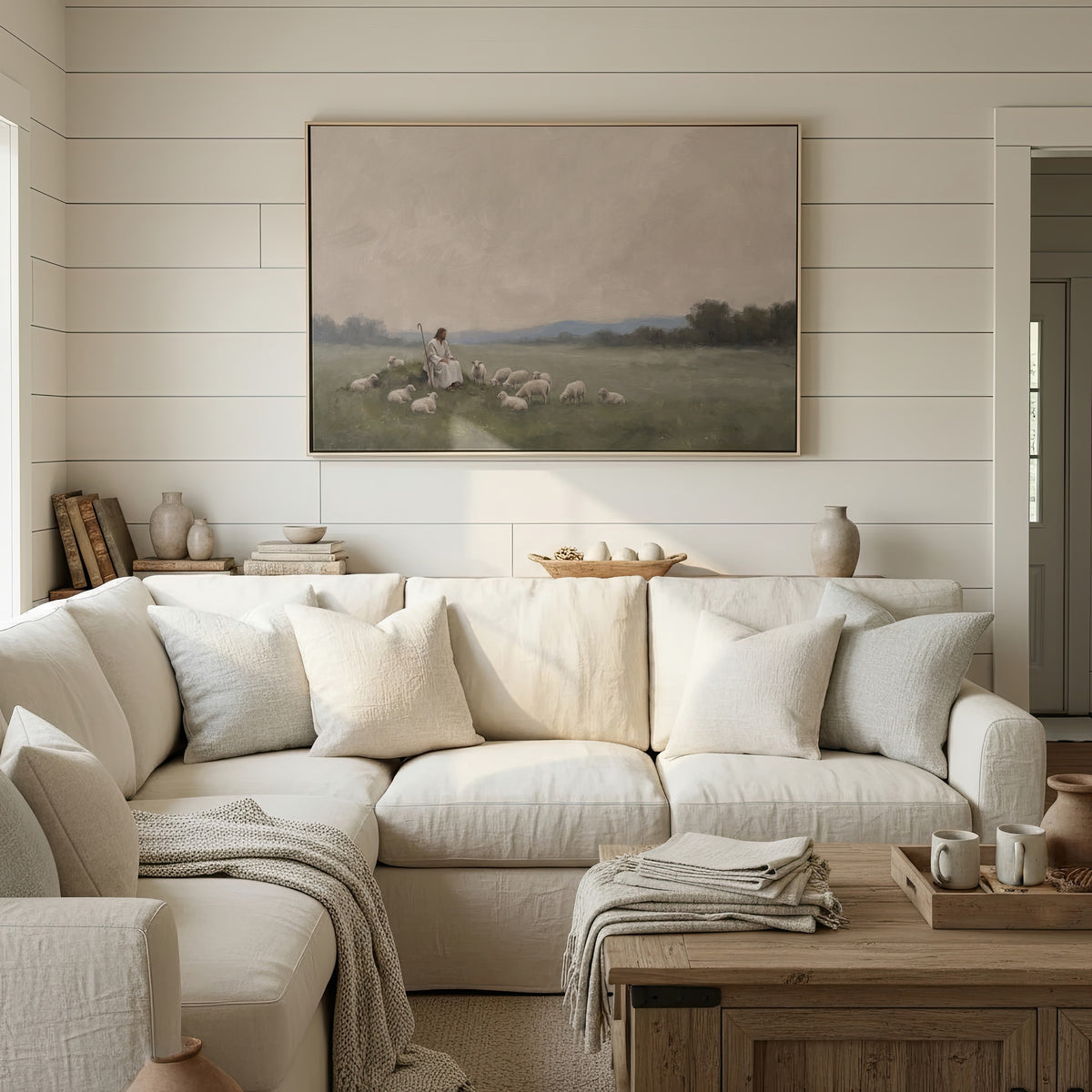 Resting with the Flock wall art in a styled room