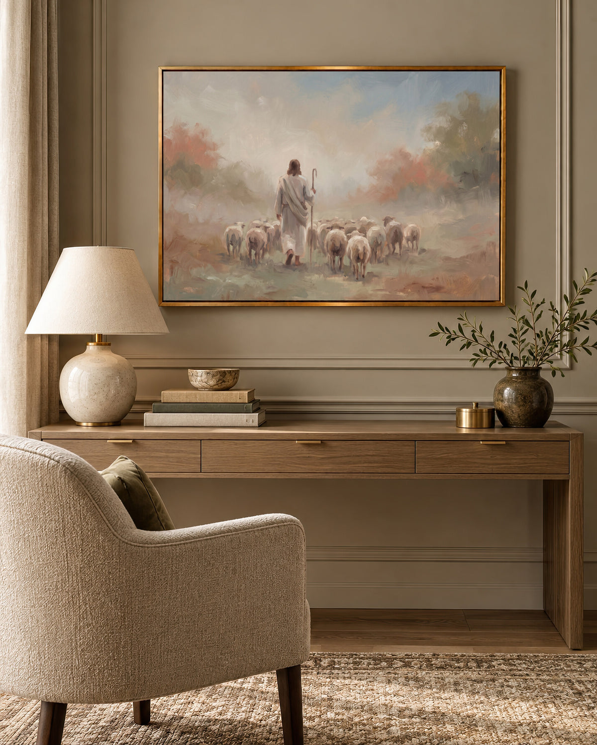 Autumn Flock from Behind framed wall art above a desk in a cozy study nook