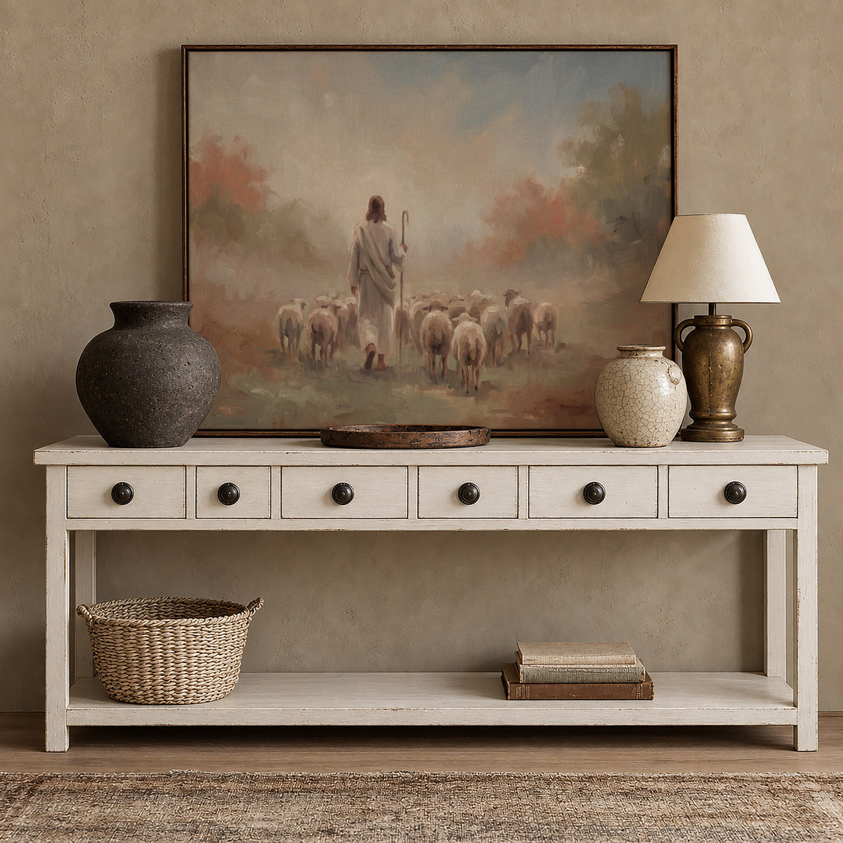 Autumn Flock from Behind framed wall art above a white console with brass accents