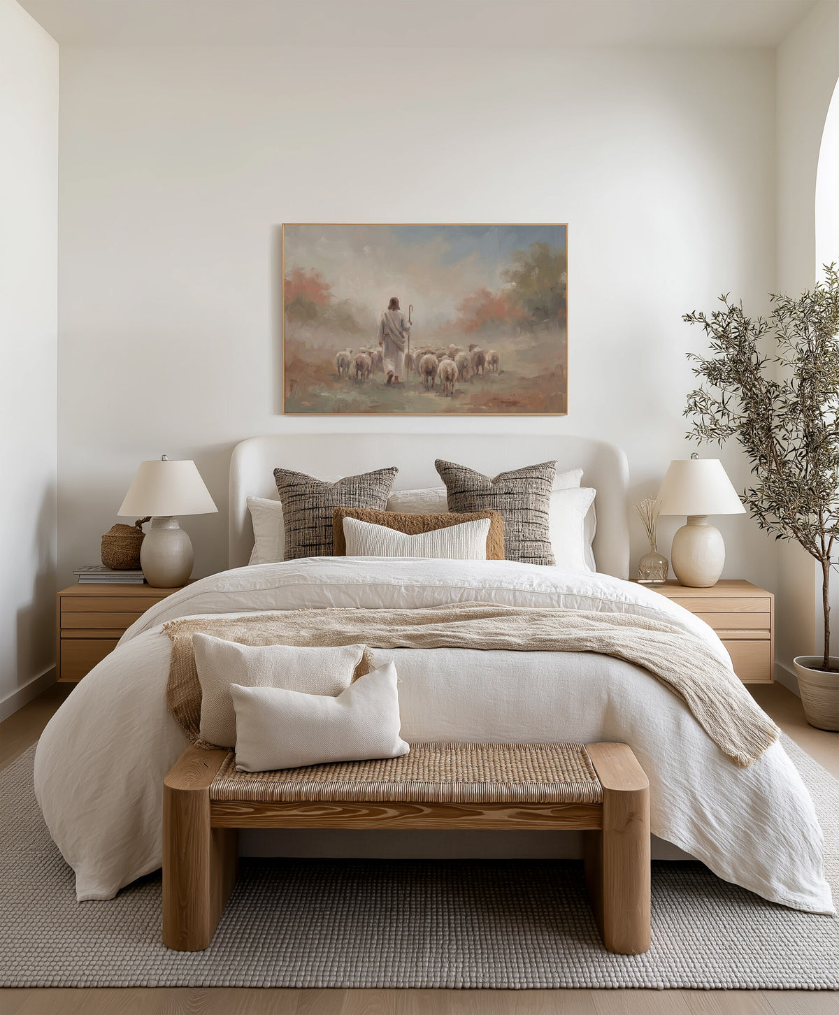 Autumn Flock from Behind framed wall art above the bed in a bright bedroom