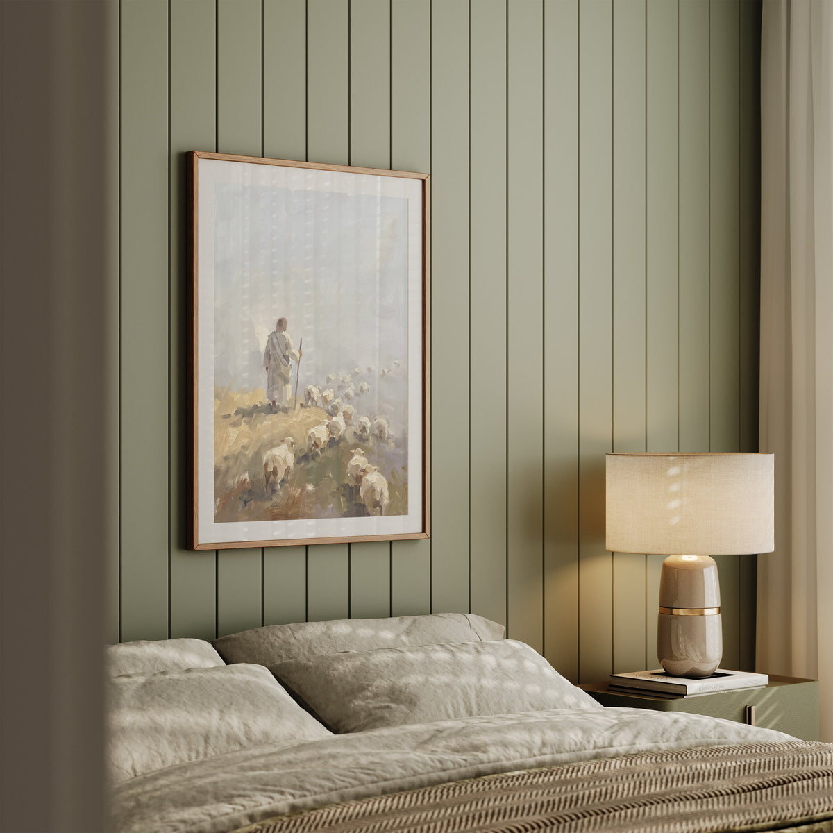 Flock from the Crest framed wall art in a sage shiplap bedroom
