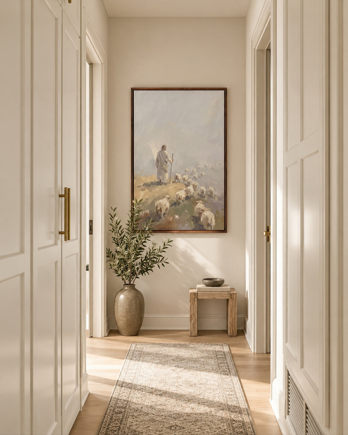 Flock from the Crest framed wall art in a soft neutral hallway