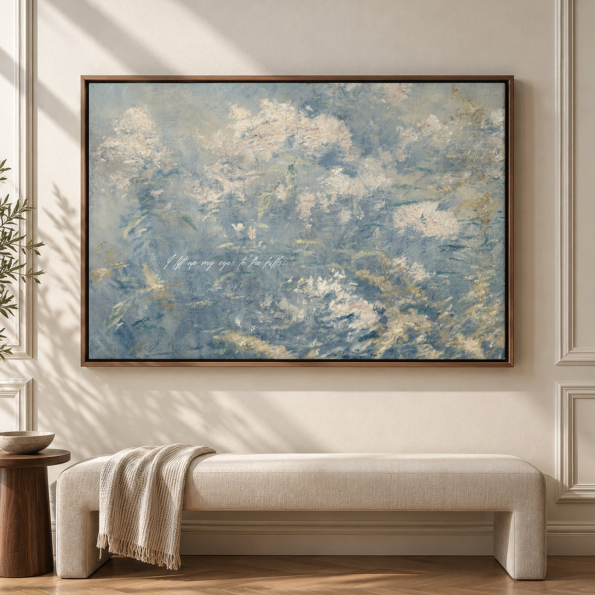 Blue Hydrangea Texture with Verse wall art