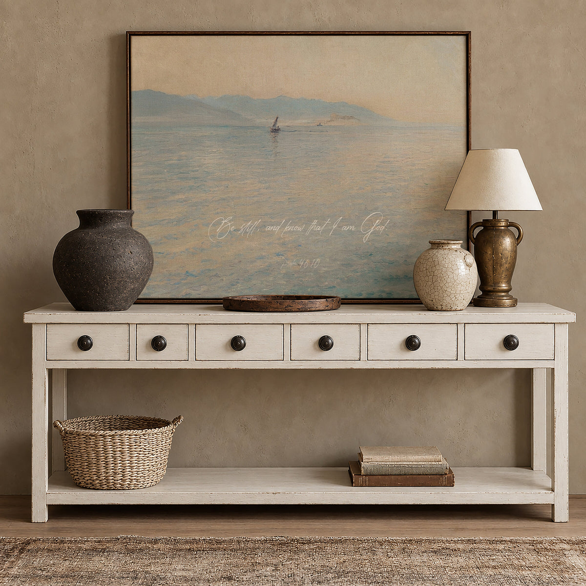 Be Still Sailboat Sea — Psalm 46:10 wall art