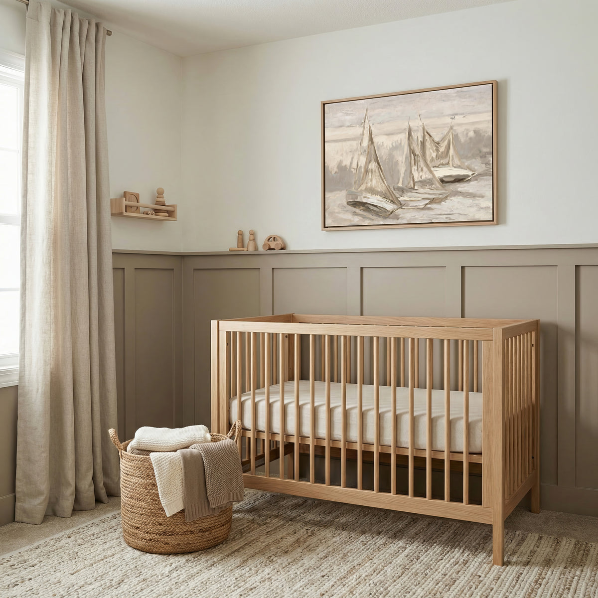Boys' Nursery Room wall art in a taupe paneled nursery