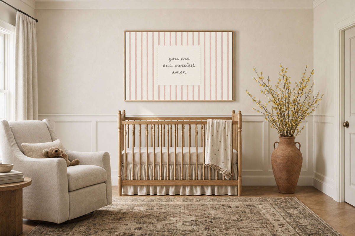 Sweetest Amen Pink Stripes wall art in a cozy nursery above the crib