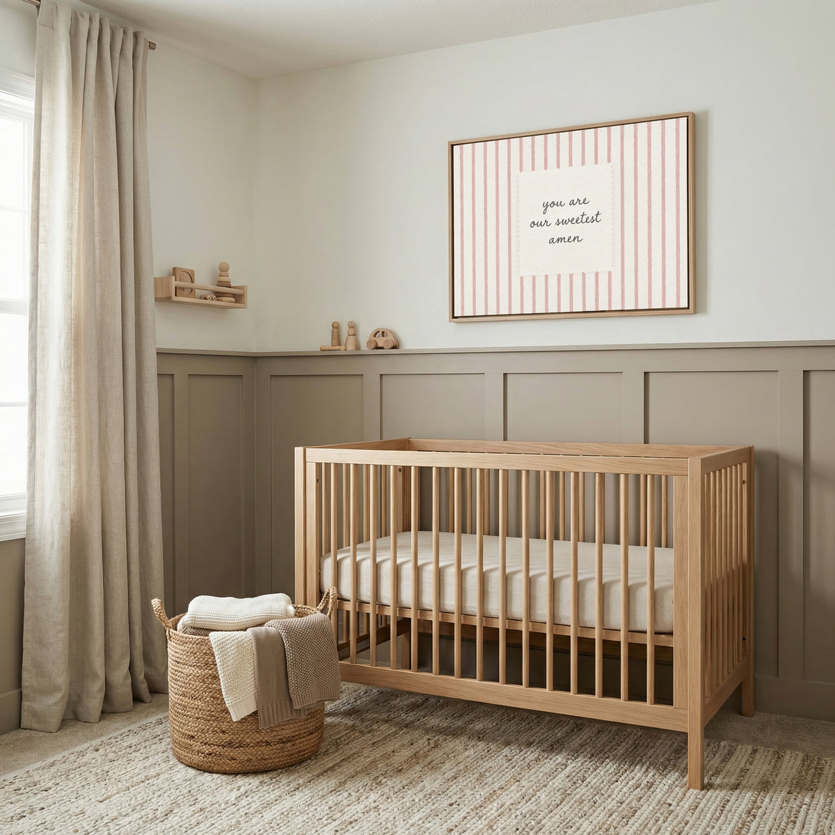 Sweetest Amen Pink Stripes wall art in a taupe paneled nursery