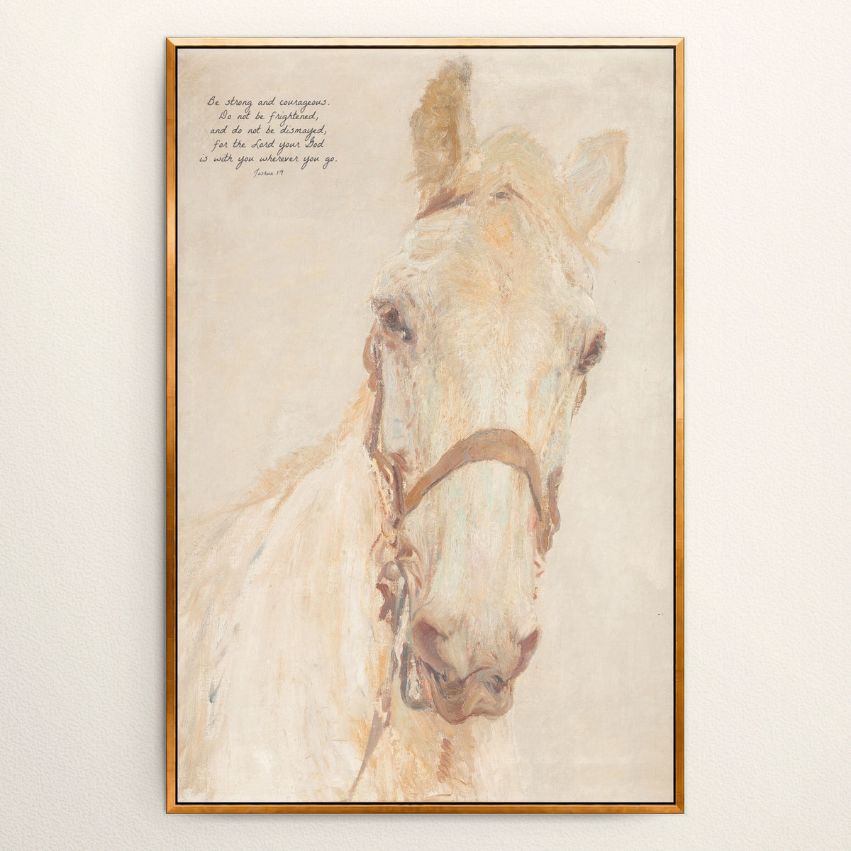 Be Strong, White Horse wall art in a Gold floating frame