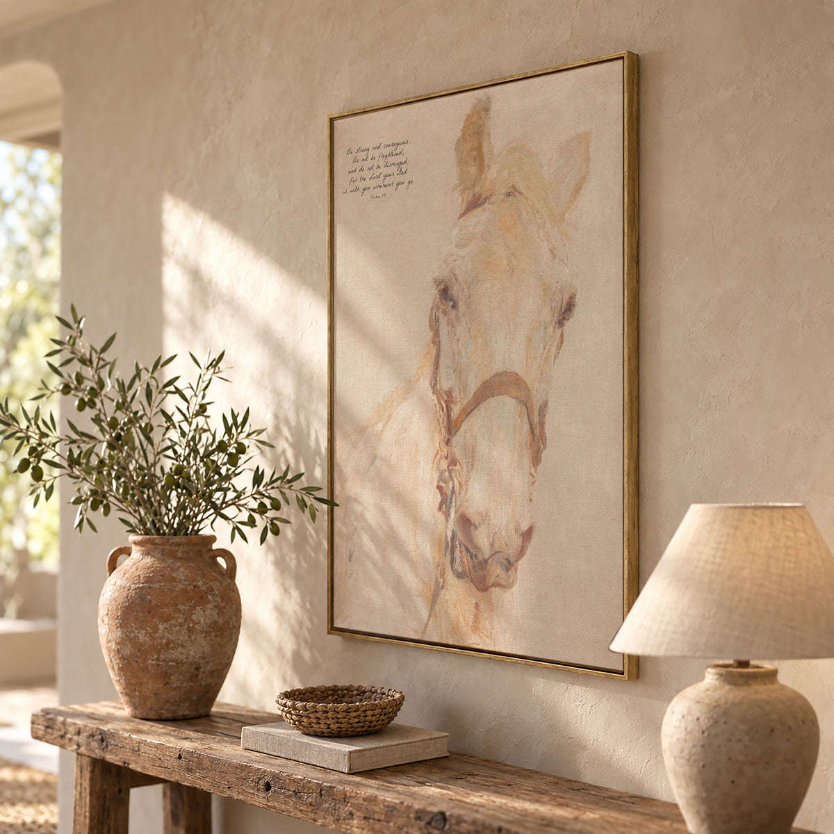 Be Strong, White Horse framed wall art above a rustic console with a lamp