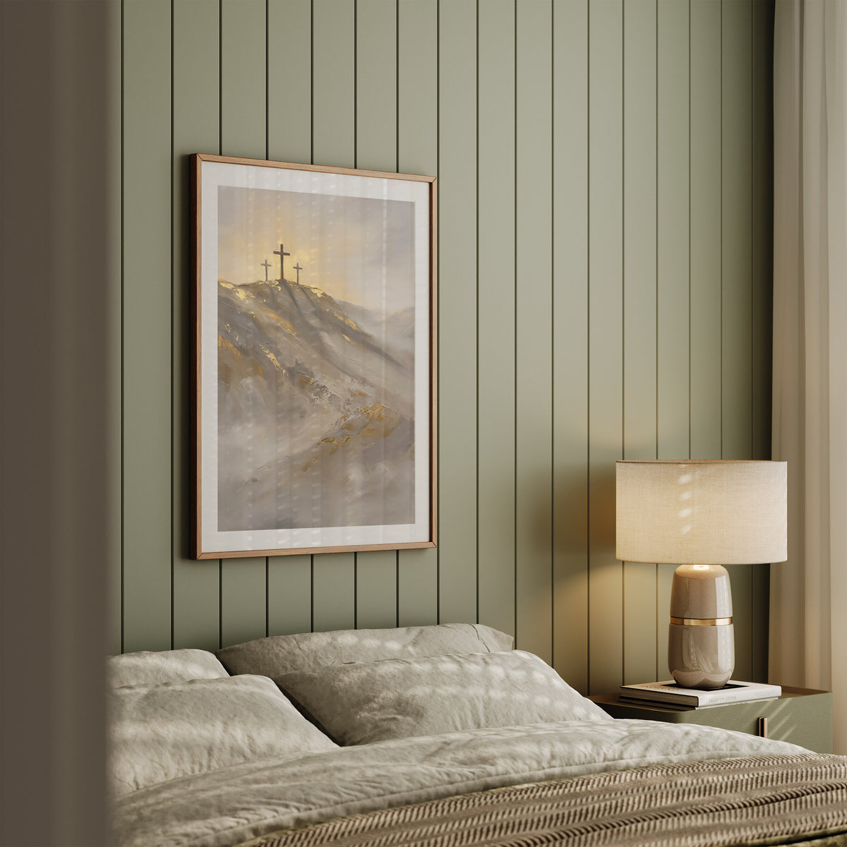 Three Crosses at Golden Dawn framed wall art in a sage shiplap bedroom