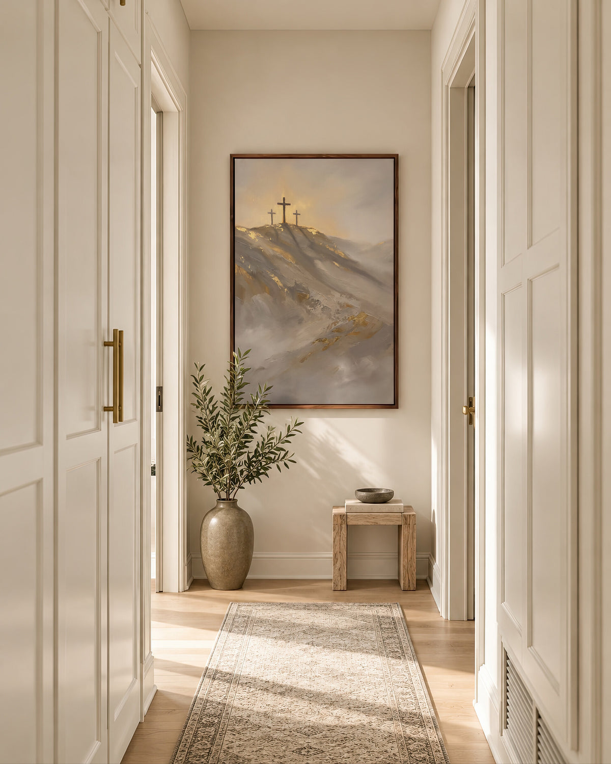Three Crosses at Golden Dawn framed wall art in a soft neutral hallway