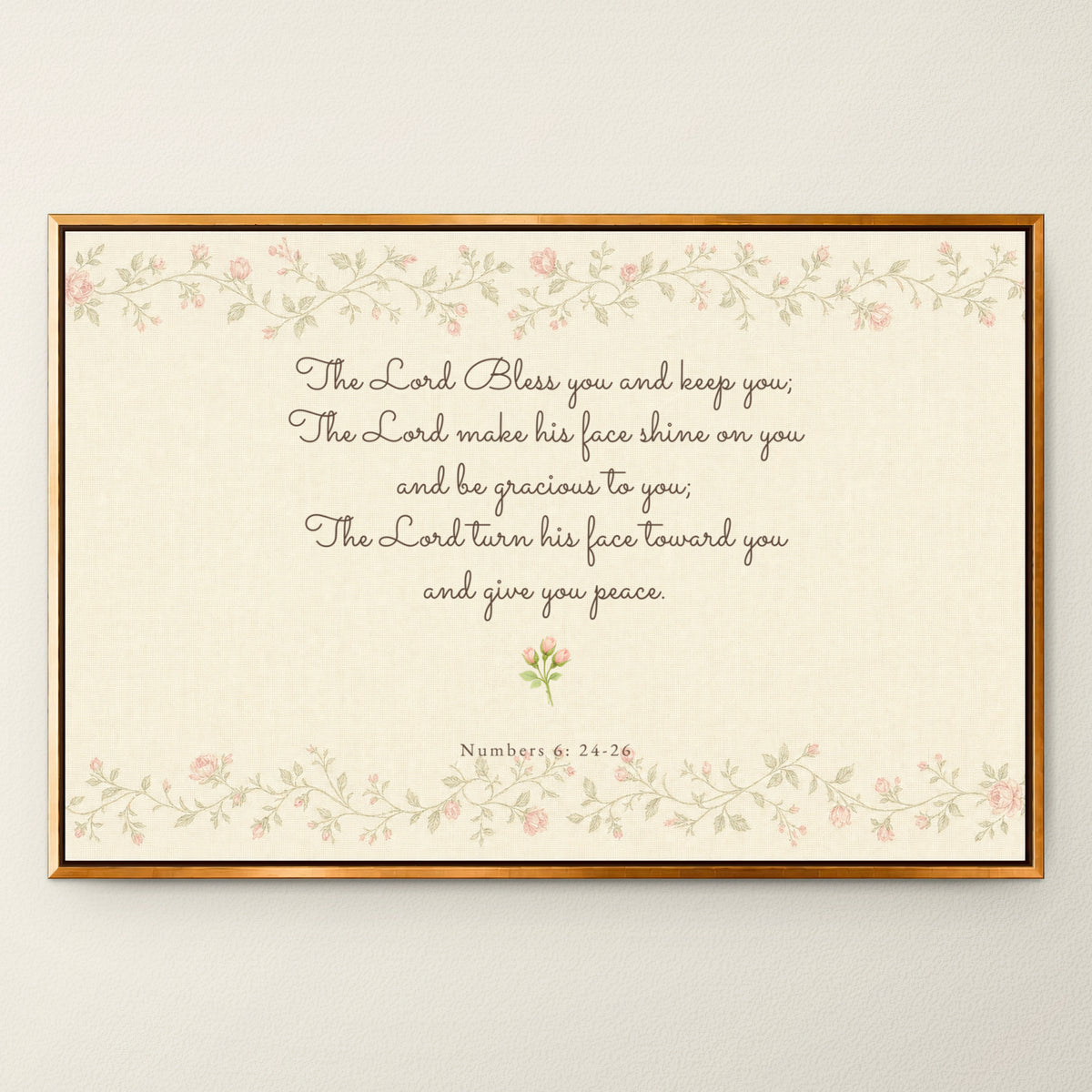 Nursery Blessing Soft Florals wall art in a Gold floating frame