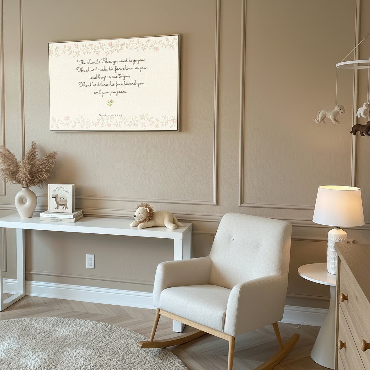 Nursery Blessing Soft Florals wall art in a taupe nursery with a rocking chair
