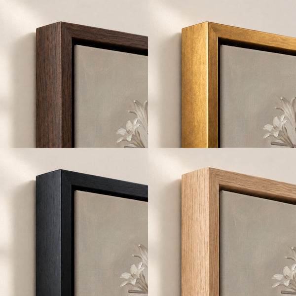 Cross with Three Lilies frame finish options: Brown, Gold, Black and Natural