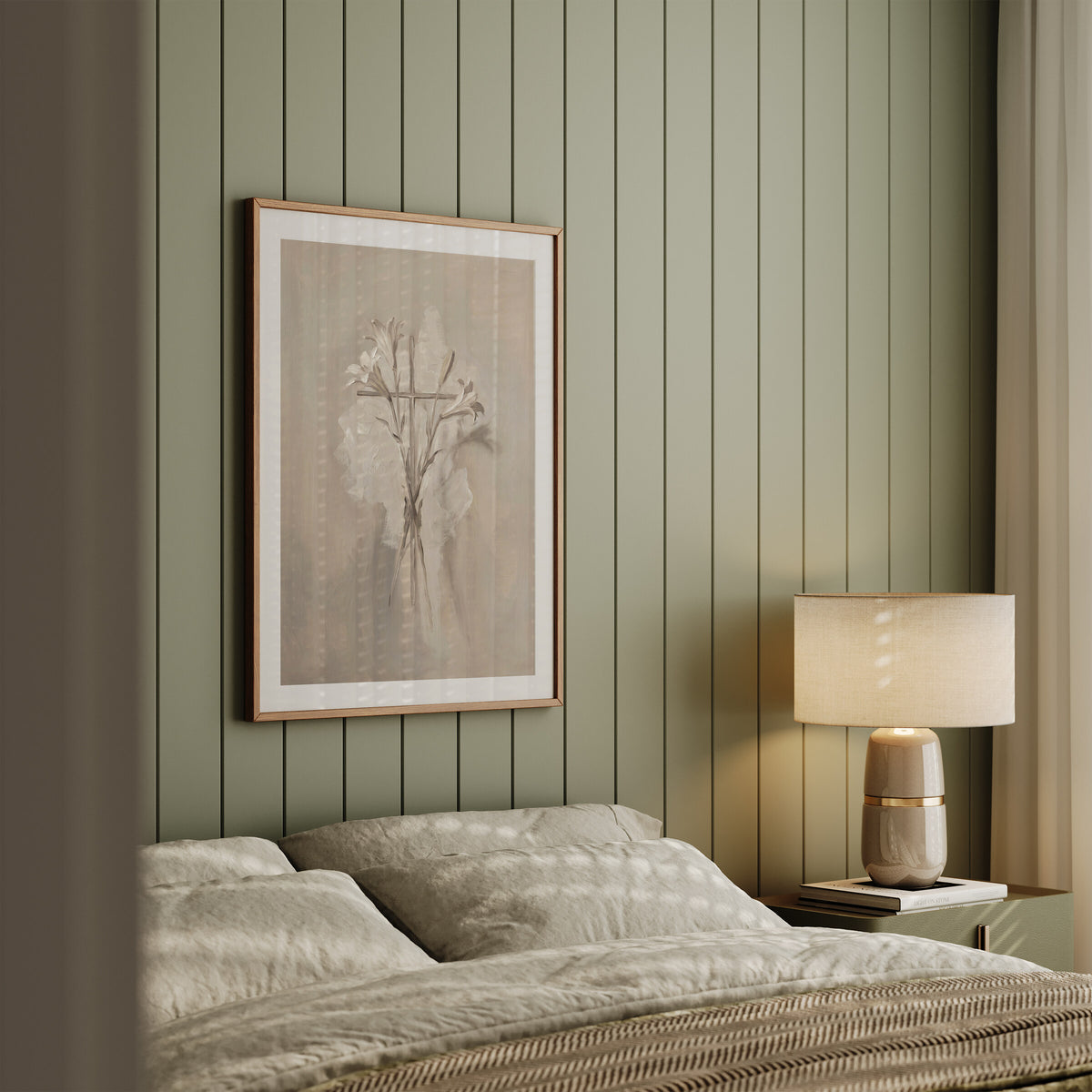 Cross with Three Lilies framed wall art in a sage shiplap bedroom