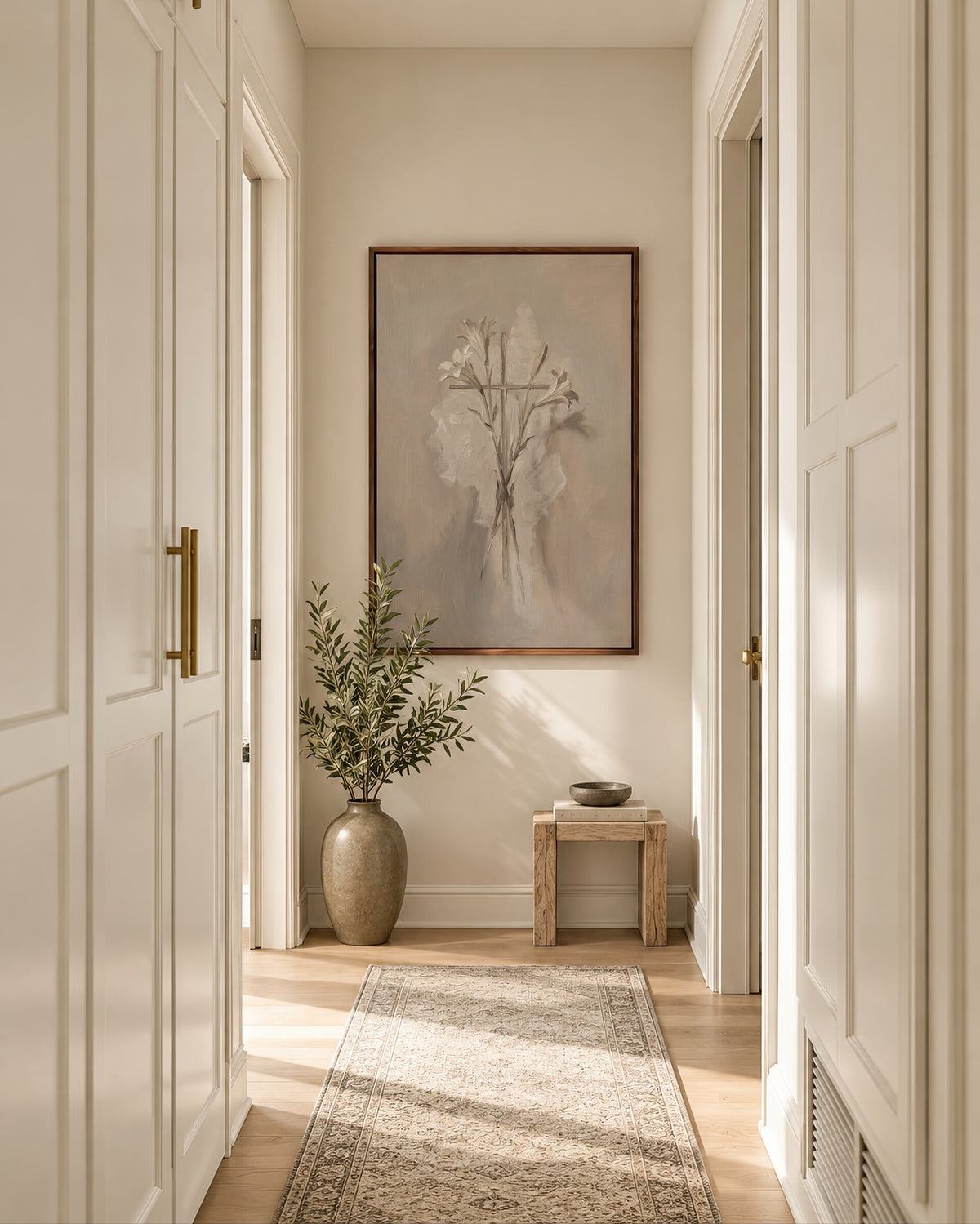 Cross with Three Lilies framed wall art in a soft neutral hallway