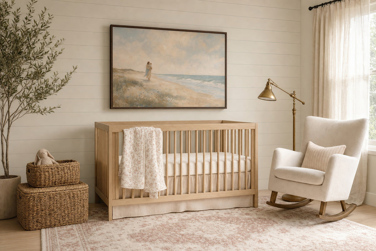 Carried Along The Shore wall art in a sunlit nursery with a rocker