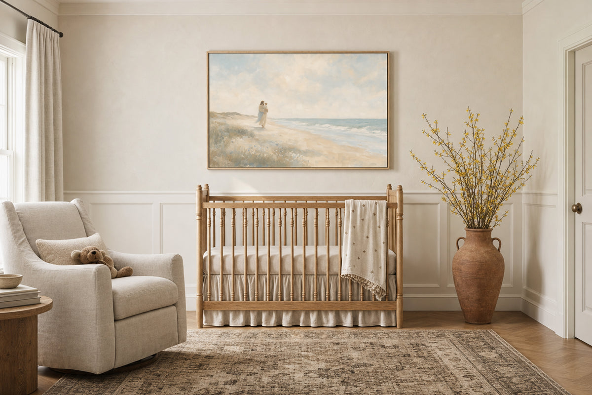 Carried Along The Shore wall art in a cozy nursery above the crib