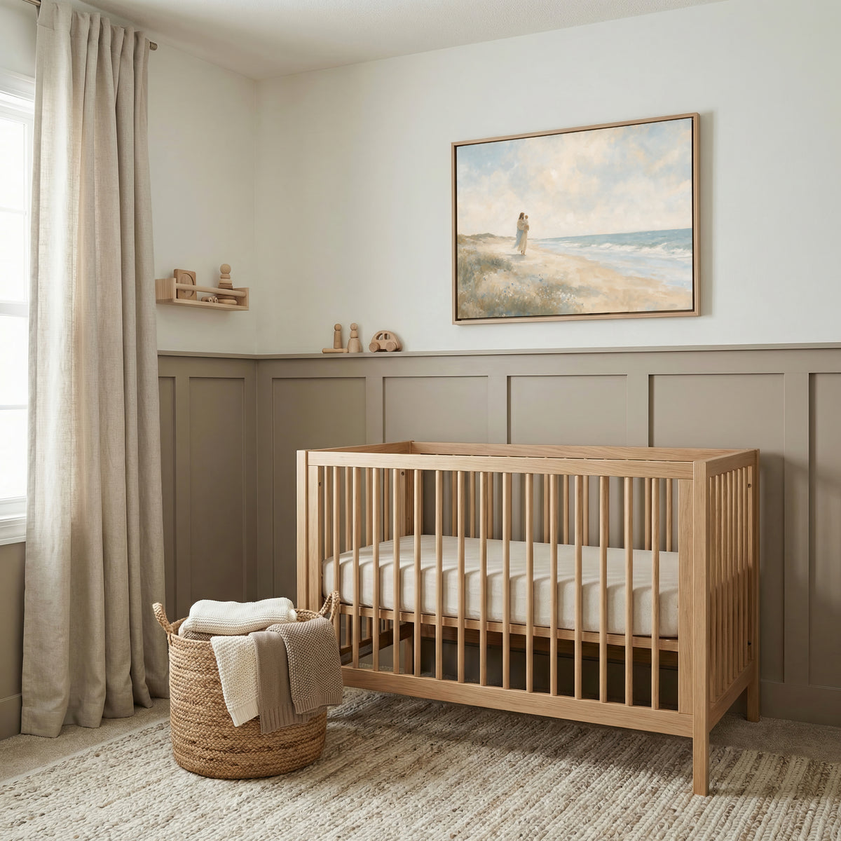 Carried Along The Shore wall art in a taupe paneled nursery