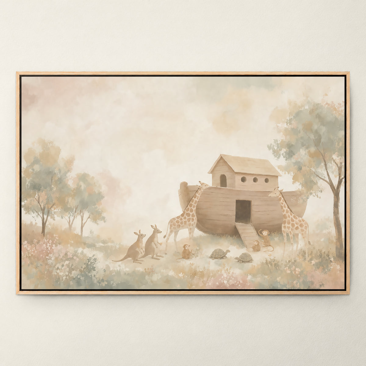 The Ark And The Giraffes wall art in a Natural floating frame